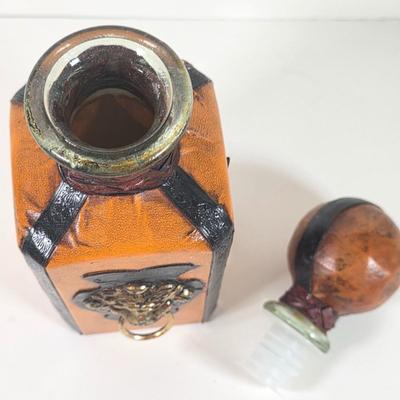 LOT 152D: Vintage Decorative Items, Leather Wrapped Lion Head W/Ring Italian Decanter, CA Saddle Leather Valet Travel Case, Horse Head...