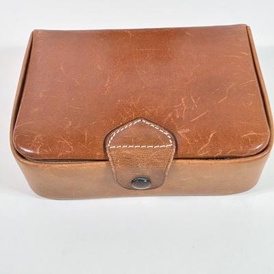 LOT 152D: Vintage Decorative Items, Leather Wrapped Lion Head W/Ring Italian Decanter, CA Saddle Leather Valet Travel Case, Horse Head...