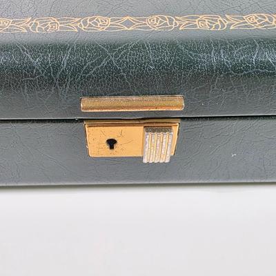 LOT 153D: Vintage Jewelry Boxes, Green Leather/ Gold Embossed Farrington Jewelry Box Filled W/Unique Costume Jewelry & More, Plus a...