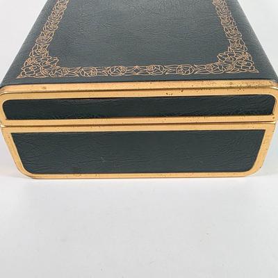 LOT 153D: Vintage Jewelry Boxes, Green Leather/ Gold Embossed Farrington Jewelry Box Filled W/Unique Costume Jewelry & More, Plus a...