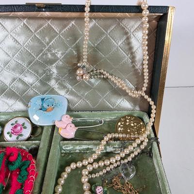 LOT 153D: Vintage Jewelry Boxes, Green Leather/ Gold Embossed Farrington Jewelry Box Filled W/Unique Costume Jewelry & More, Plus a...