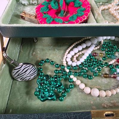 LOT 153D: Vintage Jewelry Boxes, Green Leather/ Gold Embossed Farrington Jewelry Box Filled W/Unique Costume Jewelry & More, Plus a...