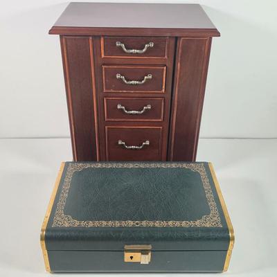 LOT 153D: Vintage Jewelry Boxes, Green Leather/ Gold Embossed Farrington Jewelry Box Filled W/Unique Costume Jewelry & More, Plus a...