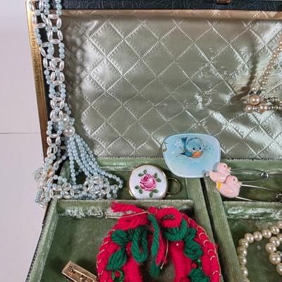 LOT 153D: Vintage Jewelry Boxes, Green Leather/ Gold Embossed Farrington Jewelry Box Filled W/Unique Costume Jewelry & More, Plus a...