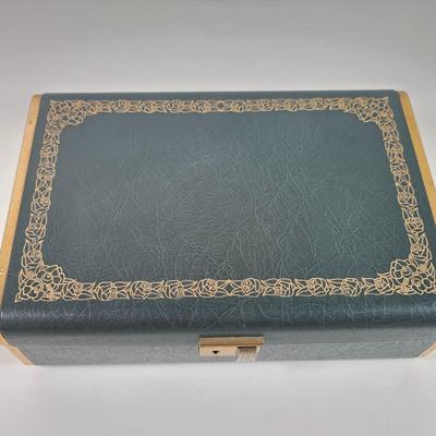 LOT 153D: Vintage Jewelry Boxes, Green Leather/ Gold Embossed Farrington Jewelry Box Filled W/Unique Costume Jewelry & More, Plus a...