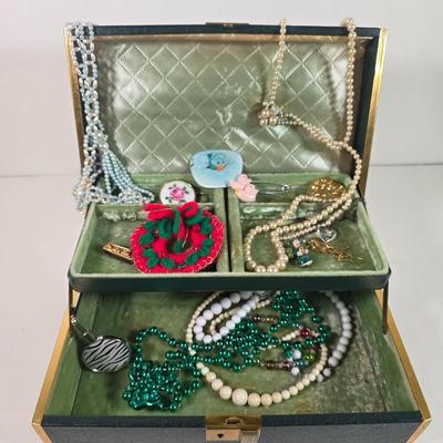 LOT 153D: Vintage Jewelry Boxes, Green Leather/ Gold Embossed Farrington Jewelry Box Filled W/Unique Costume Jewelry & More, Plus a...
