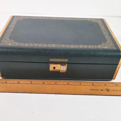 LOT 153D: Vintage Jewelry Boxes, Green Leather/ Gold Embossed Farrington Jewelry Box Filled W/Unique Costume Jewelry & More, Plus a...