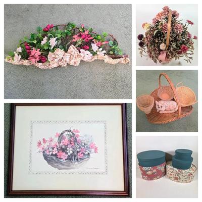 LOT 154L: Vintage Floral/Country Home Decor, Includes Framed Signed Basket of Flowers Picture by Rosalind Oesterle, Dried Floral Decor,...