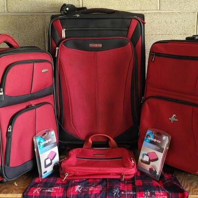 LOT 202G: Three Red and Black Travel Luggage with Various Accessories