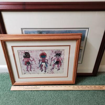 LOT 221Z: Art Collection; Ice Skating on River Pond and Native American Batik Art