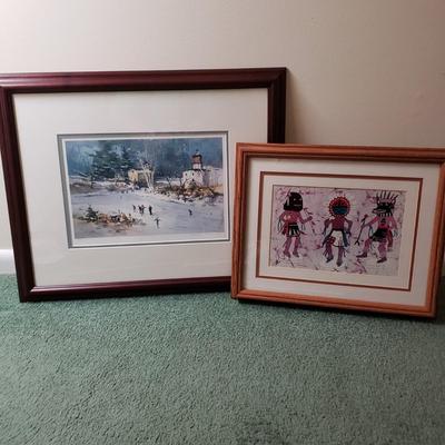 LOT 221Z: Art Collection; Ice Skating on River Pond and Native American Batik Art