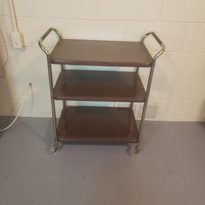 LOT 226B: Metal Bar Cart MCM Style; Rolling 3 Tiered with Tray