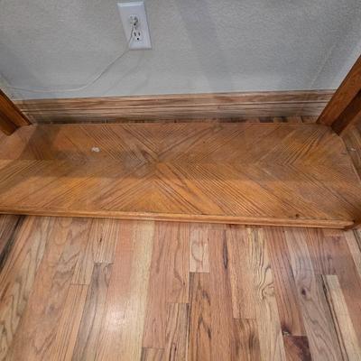 Oak & Glass Display Console Table with Lower Shelf and a Half circle shaped rug