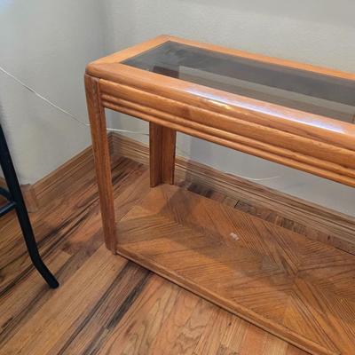 Oak & Glass Display Console Table with Lower Shelf and a Half circle shaped rug