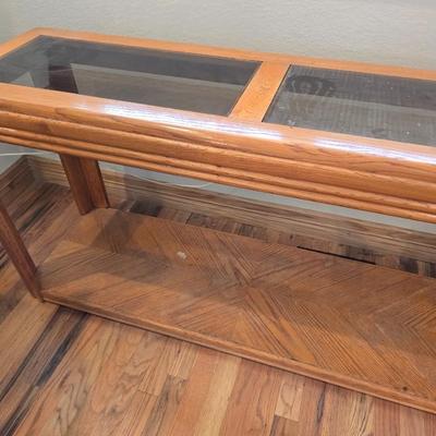 Oak & Glass Display Console Table with Lower Shelf and a Half circle shaped rug