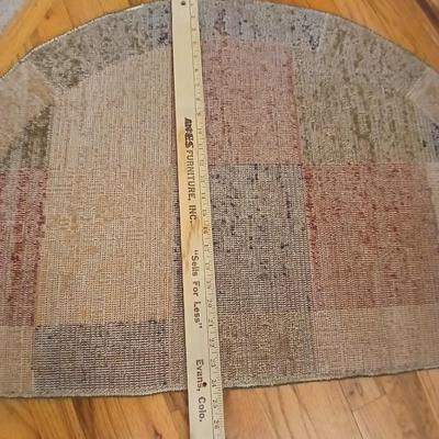 Oak & Glass Display Console Table with Lower Shelf and a Half circle shaped rug