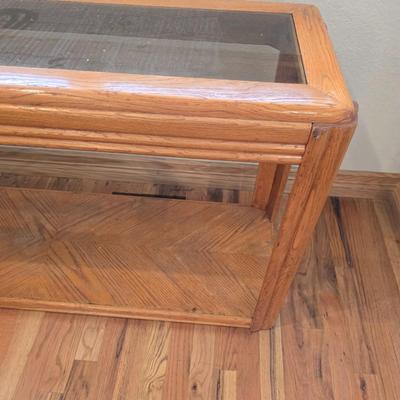 Oak & Glass Display Console Table with Lower Shelf and a Half circle shaped rug