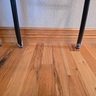 Ashley Furniture D524-130 Rustic Oak & Metal Bar Stools –Pair of Upholstered Bar Stools – Wood & Metal Frame with Paisley Seats