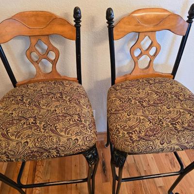 Ashley Furniture D524-130 Rustic Oak & Metal Bar Stools –Pair of Upholstered Bar Stools – Wood & Metal Frame with Paisley Seats