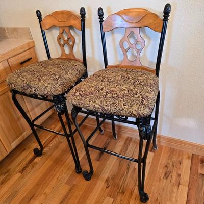Ashley Furniture D524-130 Rustic Oak & Metal Bar Stools –Pair of Upholstered Bar Stools – Wood & Metal Frame with Paisley Seats