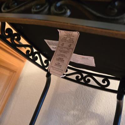 Ashley Furniture D524-130 Rustic Oak & Metal Bar Stools –Pair of Upholstered Bar Stools – Wood & Metal Frame with Paisley Seats