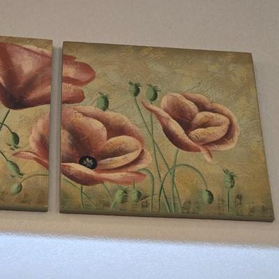 3-Piece Poppy Canvas Wall Art Set with vase of Faux Poppies and Battery-operated WORKING candles
