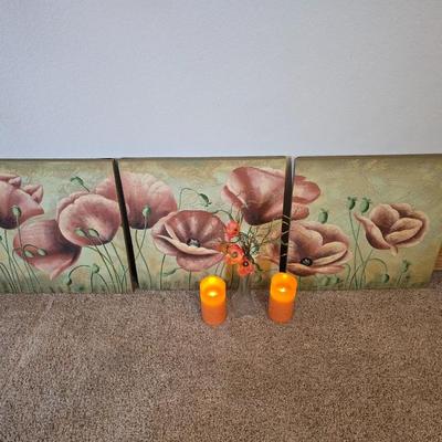 3-Piece Poppy Canvas Wall Art Set with vase of Faux Poppies and Battery-operated WORKING candles