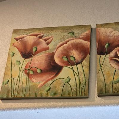 3-Piece Poppy Canvas Wall Art Set with vase of Faux Poppies and Battery-operated WORKING candles