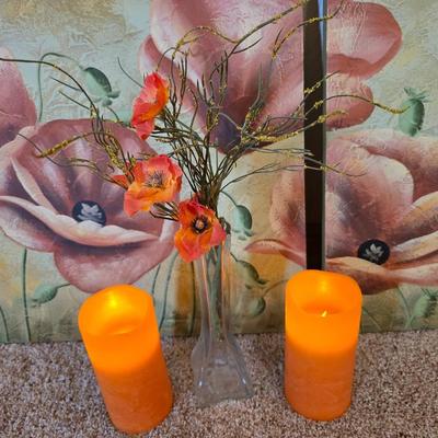 3-Piece Poppy Canvas Wall Art Set with vase of Faux Poppies and Battery-operated WORKING candles