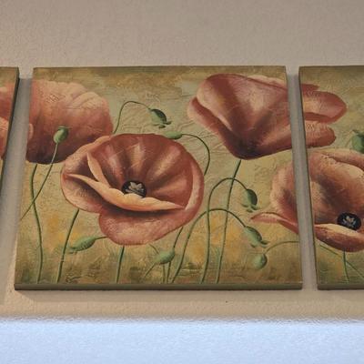 3-Piece Poppy Canvas Wall Art Set with vase of Faux Poppies and Battery-operated WORKING candles