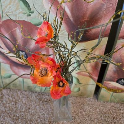 3-Piece Poppy Canvas Wall Art Set with vase of Faux Poppies and Battery-operated WORKING candles