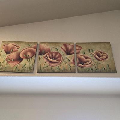 3-Piece Poppy Canvas Wall Art Set with vase of Faux Poppies and Battery-operated WORKING candles