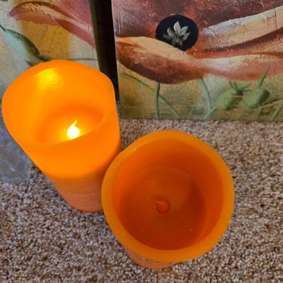 3-Piece Poppy Canvas Wall Art Set with vase of Faux Poppies and Battery-operated WORKING candles