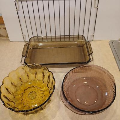 Vintage Glass Bakeware & Serving Bowls with Cooling Rack
