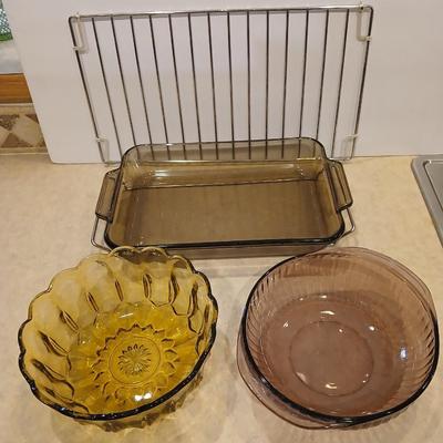Vintage Glass Bakeware & Serving Bowls with Cooling Rack