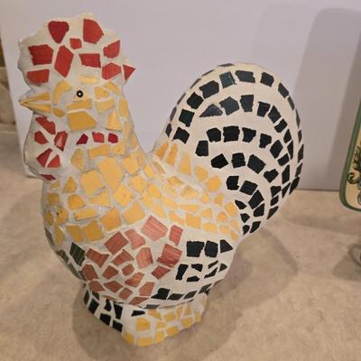 Rooster Decor Lot – Mosaic Statue & Ceramic Plate