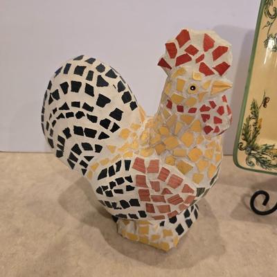 Rooster Decor Lot – Mosaic Statue & Ceramic Plate