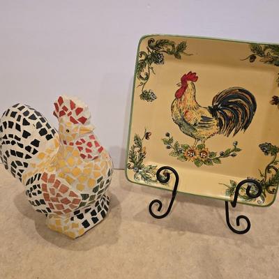 Rooster Decor Lot – Mosaic Statue & Ceramic Plate
