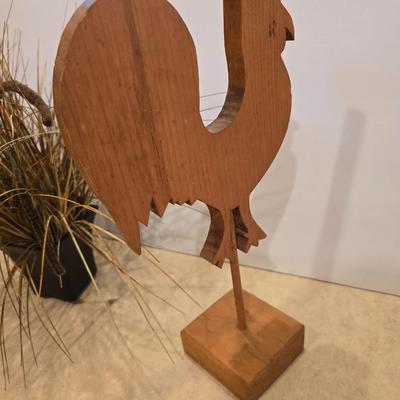 Rustic Rooster Decor Pair – Wood Cutout & Faux Grass Arrangement