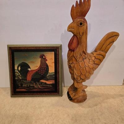 Large Carved Wooden Rooster & Rooster Framed Print