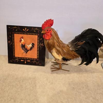 Faux Taxidermy Rooster & Framed Art Pair