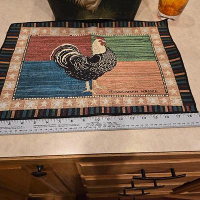 Rooster Kitchen Decor Trio - Metal basket - placemat - and an amber colored vase