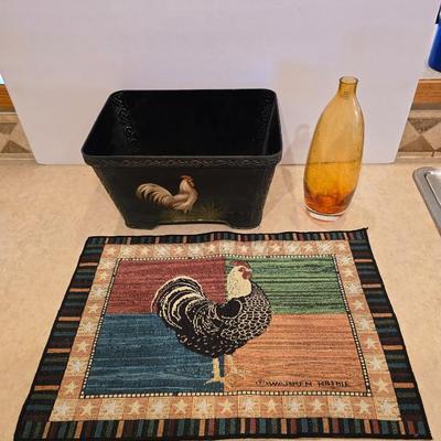 Rooster Kitchen Decor Trio - Metal basket - placemat - and an amber colored vase
