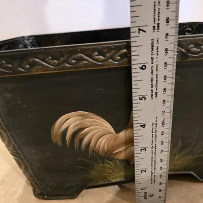 Rooster Kitchen Decor Trio - Metal basket - placemat - and an amber colored vase