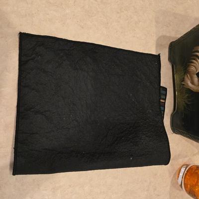 Rooster Kitchen Decor Trio - Metal basket - placemat - and an amber colored vase