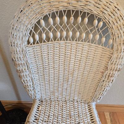 Wicker Chair, Needlepoint Pillow & Decorative Floor Lamp
