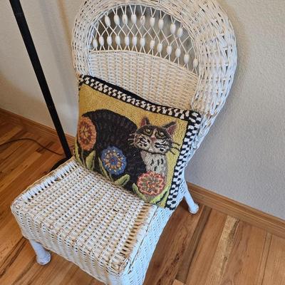 Wicker Chair, Needlepoint Pillow & Decorative Floor Lamp