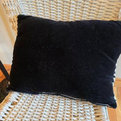 Wicker Chair, Needlepoint Pillow & Decorative Floor Lamp