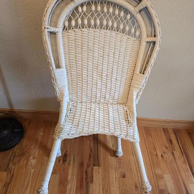 Wicker Chair, Needlepoint Pillow & Decorative Floor Lamp