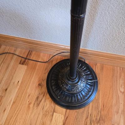 Wicker Chair, Needlepoint Pillow & Decorative Floor Lamp